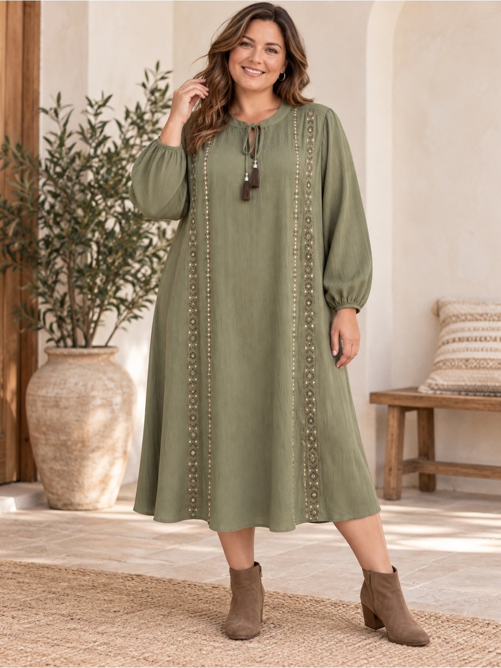 bohemian-style Faded Glory olive green long-sleeve peasant midi dress xxl